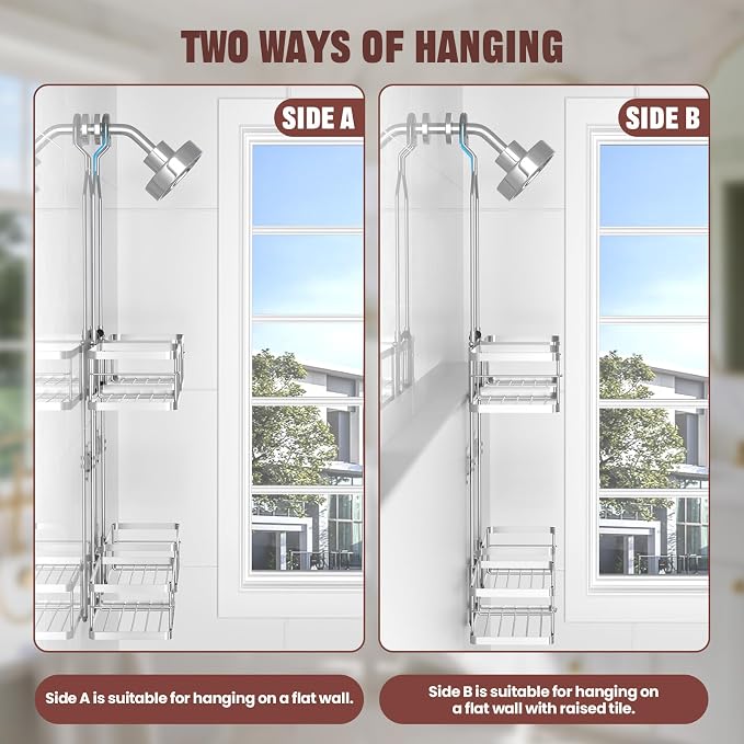 REINHARDT Adjustable Shower Caddy Hanging Rustproof Shower Caddy for Handheld Showerheads, Shower Organizer with Hooks Soap Holder, Anti-Swing Shower Rack Bathroom Accessories, Silver - Image 8