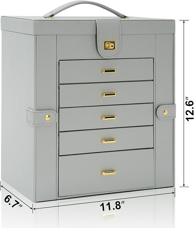 AKOZLIN Extra Large 6-Tier Jewelry Box Organizer Functional Huge, 5 Drawers Leather Jewelry Storage Case for Women Girls Ring Necklace Earring Bracelet Holder Organizer with Mirror Grey - Image 6