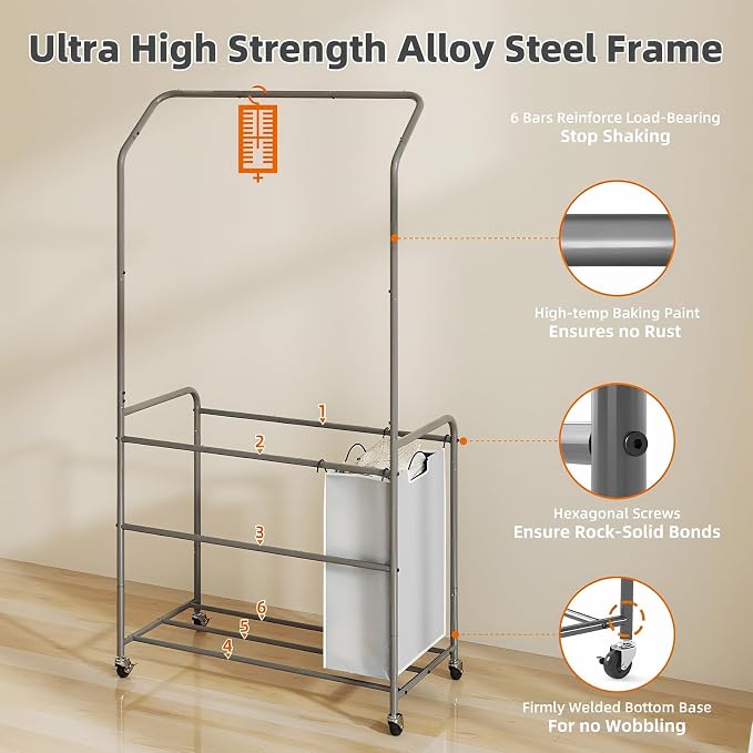 ROMOON Laundry Hamper Sorter Cart: 4 Section Organizer with Hanging Bar and Heavy-duty Lockable Wheels | 180L Rolling Laundry Basket with Clothes Rack in Laundry Room or Small Spaces (Grey) - Image 3