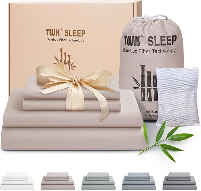 TWK Luxury Sheet Set, Genuine 100% Organic Viscose Derived from Bamboo, Cooling & Breathable, Silky Soft, Bedding Sheets & Pillowcases (Sand, California King(72 * 84 * 18inch))