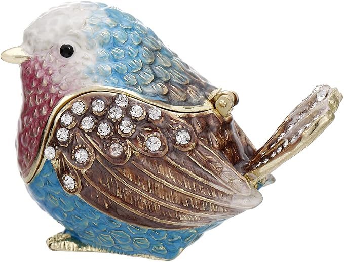 Hand Painted Enamel Robin Bird Trinket Box for Home Decor, Hinged Jewelry Organizer for Ring Earrings, Unique Figurine Keepsake Collectible Personalized Elegant Handmade Ornament Gifts (Blue Sparrow) by AzurtLCX