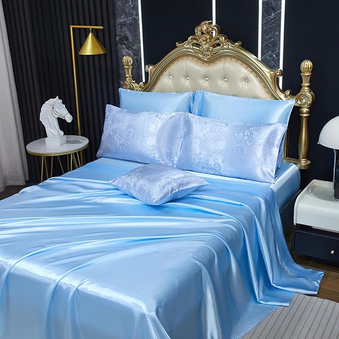 Blue Comforter King Jacquard Bedding with Baby Blue Satin Sheet Set 8 Pcs Royal Embroidery Neoclassical Floral Home Decor Soft Luxury Hotel Bed in a Bag with 1 Cushion Cover