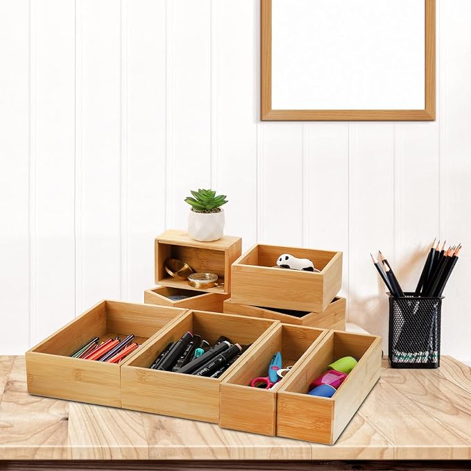 Lawei 8 Pieces Bamboo Drawer Organizer Boxes, Stackable Drawer Organizer Storage Tray 4-Size, Versatile Dividers Cutlery Holders Bins Containers for Kitchen, Bathroom, Office Desk, Makeup, Jewelry - Image 7