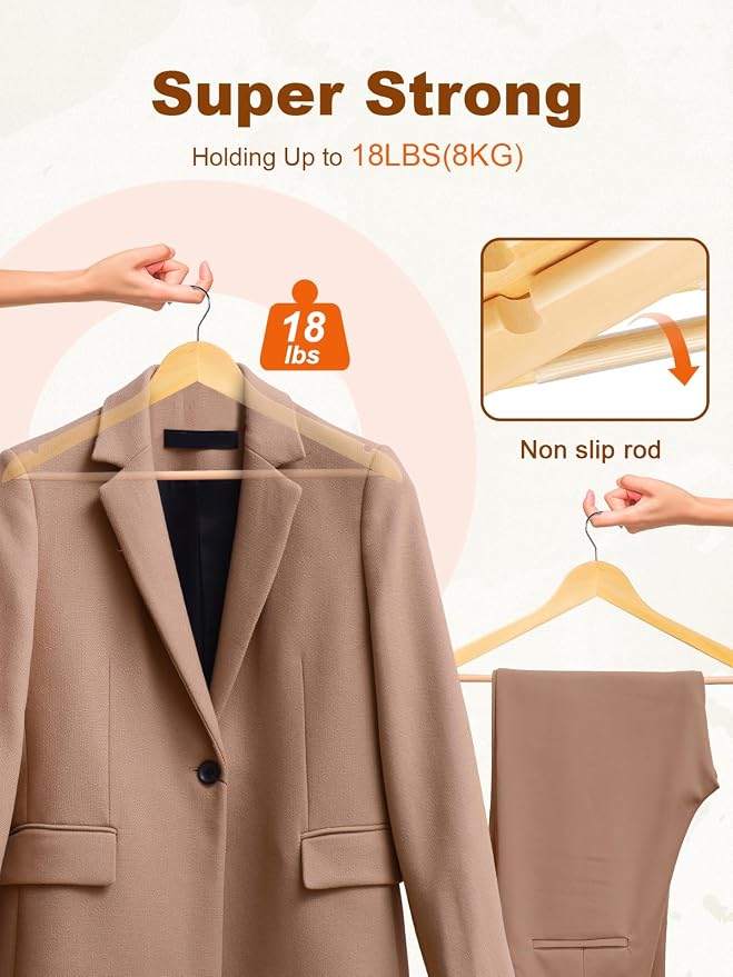 HOUSE DAY Bulk Wooden Hangers 80 Pack, Solid Wood Hanger with Non Slip Pant Bar, Heavy Duty Wooden Coat Hanger for Closet, Smooth Finish Wood Clothes Hangers for Shirts, Suits Jackets, Dress, Natural - Image 2