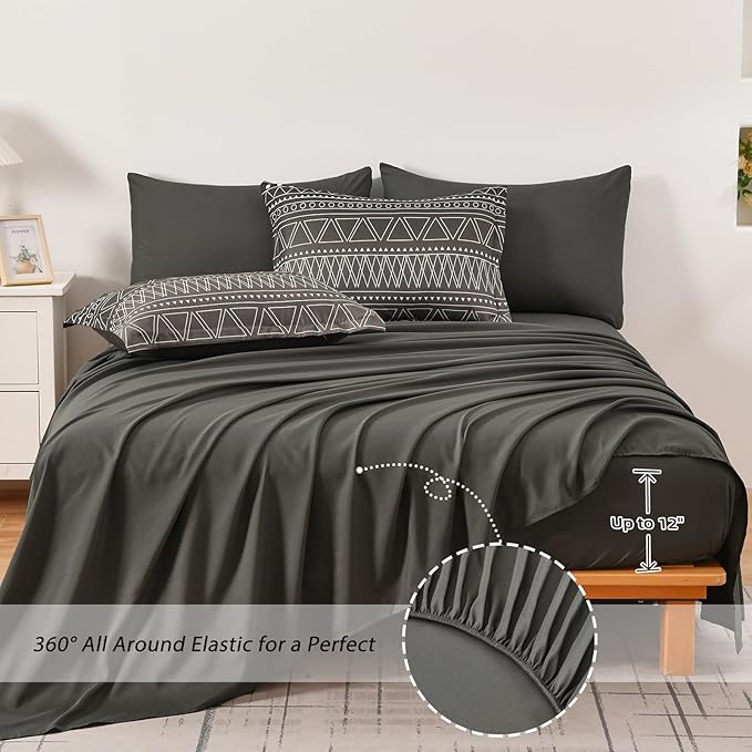 WONGS BEDDING Black Grey Boho Comforter Set King Size 7 Piece Stripe Gradient Bed Set Bed in a Bag Bedding Set for All Seasons Reversible Soft Microfiber Comforter with Sheets, Pillowcases & Shams