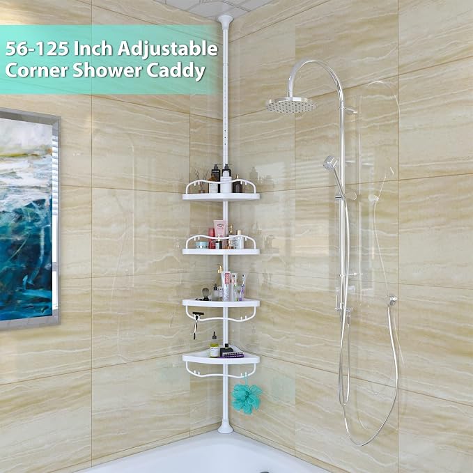 Shower Caddy Tension Pole with 4 ABS Baskets,Shower Storage Shelf with 56 to 125 Inch Adjustable Stainless Pole for Bathroom White - Image 3