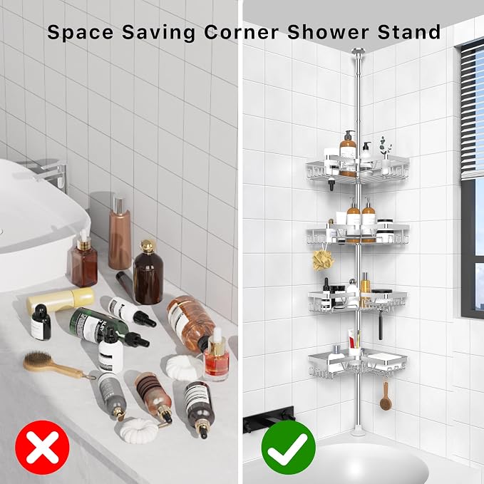 KEGII SUS304 Corner Shower Organizer, Stainless Steel Tension Pole Corner Bathroom Caddy, No Drilling Required Adjustable Shower Shelf for Inside Showers, Silver - Image 7