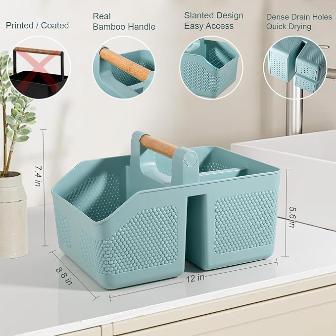 rejomiik Shower Caddy Portable with Bamboo Handle, Plastic Basket Cleaning Caddy Organizer Storage Tote for Bathroom, College, Dorm Room Essentials, Blue - Image 2