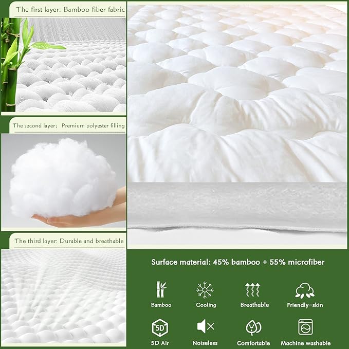 GRT Mattress Pad Cover Rayon from Bamboo California King Size, Extra Thick Quilted Fitted Mattress Topper with 21 Inches Deep Pocket, Cooling Breathable and Noiseless Mattress Cover