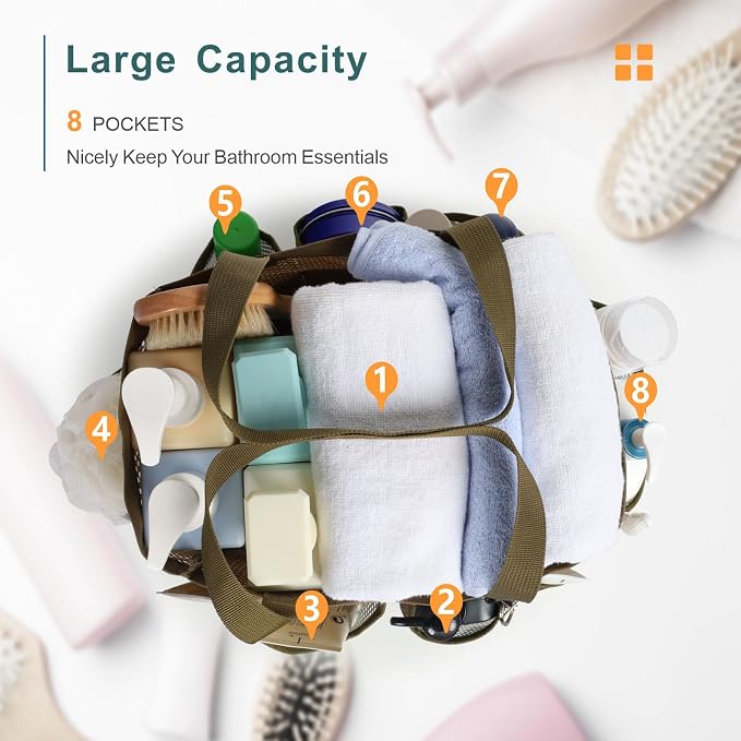 F-color Shower Caddy Portable - Mesh Shower Bag Basket Tote for College Dorm Room Essentials Bathroom Gym Camp Quick Dry for Women Men with S Hook, Brown Camouflage - Image 2