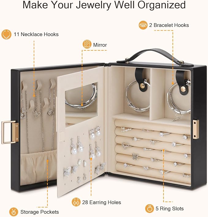DesignSter Travel Jewelry Case for Woman, Portable Jewelry Travel Box with Mirror, PU Leather Small Jewelry Organizer with Handle for Rings Earrings Bracelets Necklaces(Black Brown & Apricot) - Image 3