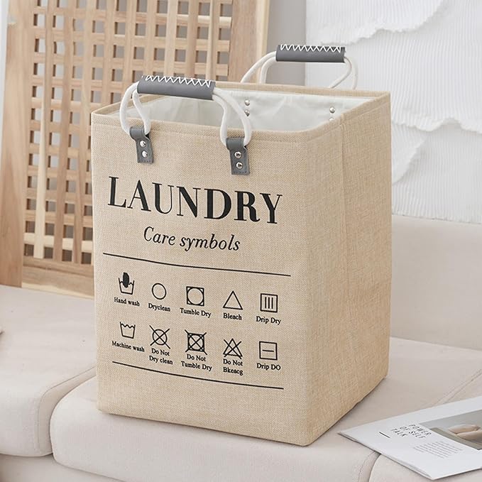 Small Laundry Basket, 50L Foldable Laundry Hamper Organizer with Handles, Fashion Portable Laundry Basket in Bedroom, Laundry Room, Closet, Bathroom, College Dorm (Beige) by MLUUHK