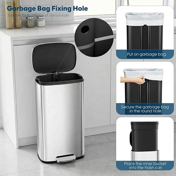 13.2 Gal Kitchen Trash Can, 50L Recycling or Garbage Bin, Brushed Stainless Steel Waste Basket, Soft&Quiet Close Dustbin, with Step-On Pedal, Removable Inner Bucket, for Home, Office, Living Room - Image 6