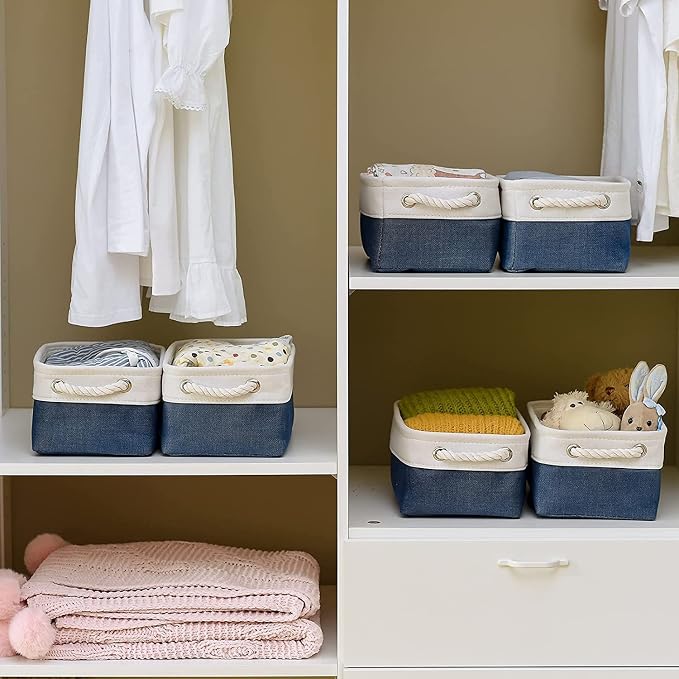 TheWarmHome Storage Bins for Shelves - 12x8x5.2 inch 1 Pack Baskets for Gifts Empty, Fabric Storage Cubes for Closet Organizing Dog Gift Cloth Toy (White & Jean Blue) - Image 2