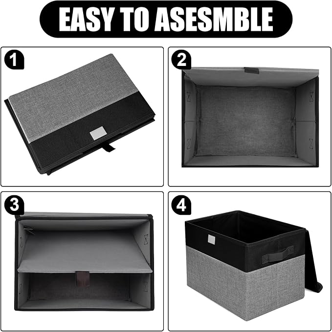 Bagnizer Large 22 Quart Linen Fabric Foldable Storage Bin Cube Organizer Basket with Flip-Top Lid & Handles, Clothes Blanket Box for Home, Office, Closet, Black & Gray, 4 Pack 14.6 x 9.5 x 9.5 - Image 3
