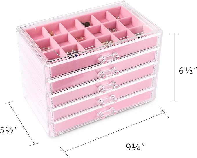 Frebeauty Acrylic Jewelry Organizer Earring Organizer Box with 5 Drawers Earring Holder Organizer with Velvet Trays Clear Jewelry Box for Women Earring Display for Rings StudsPink - Image 2