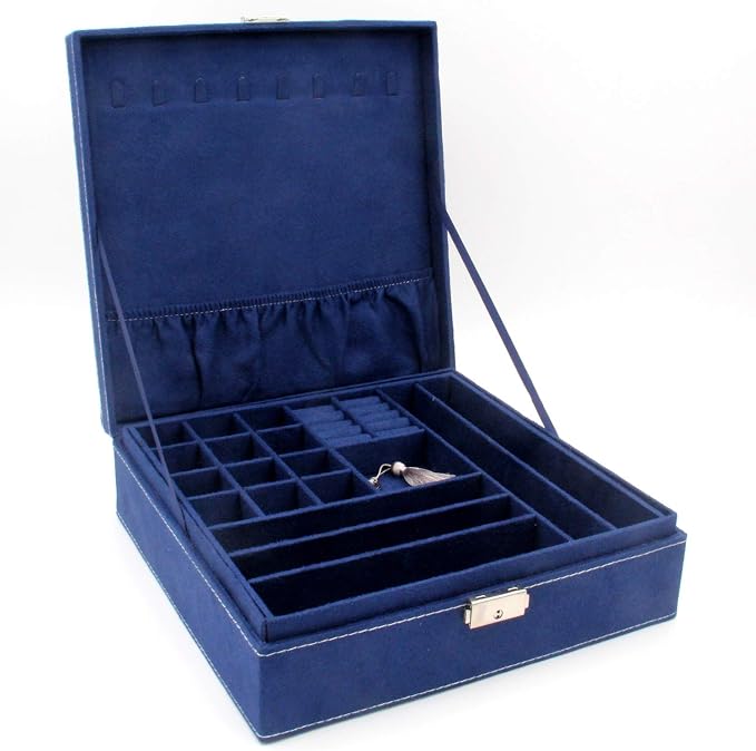 Two-Layer Jewelry Box Organizer Display Storage case with Lock (Deep Blue) by KLOUDCity