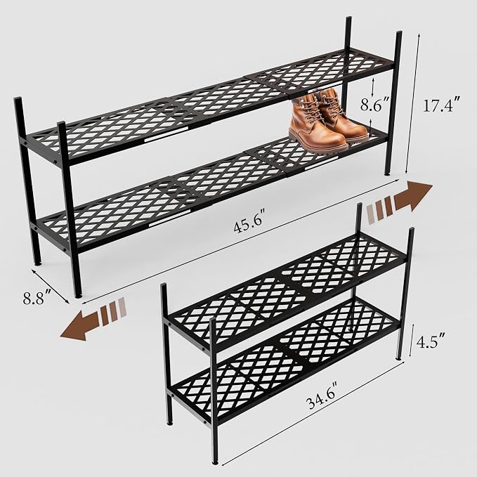 Shoe Rack, 45.6" Expandable Shoes Storage Metal Shoe Shelf Stand 2-Tier Stackable Boot Organizer for Closet, Entryway, Garage, Bedroom, Door Entrance, Black - Image 3