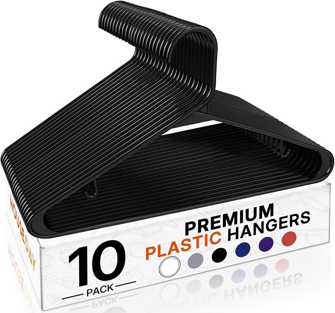 HOUSE DAY Black Plastic Hangers 10 Pack, Plastic Clothes Hangers with Built-in Hooks, Durable and Strong Coat Hanger for Closet, Space Saving Clothing Hanger for Shirts, Coats, Skirt, Dress by HOUSEDAY