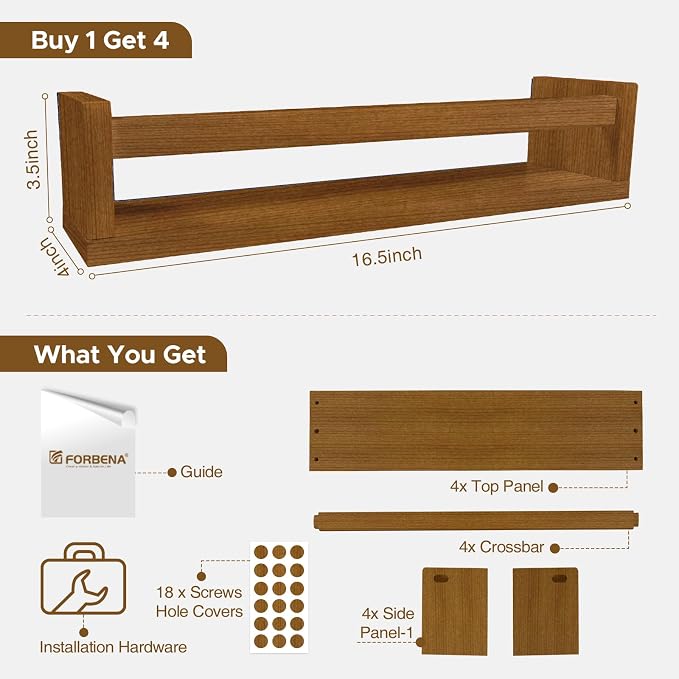 Forbena Walnut Brown Nursery Bookshelf Wall Mounted, Wooden Floating Book Shelves for Wall, Nursery Hanging Bookshelves for Baby Toddlers Kids Room Bedroom (Pine Wood, Walnut Color, 4-Pack) - Image 2