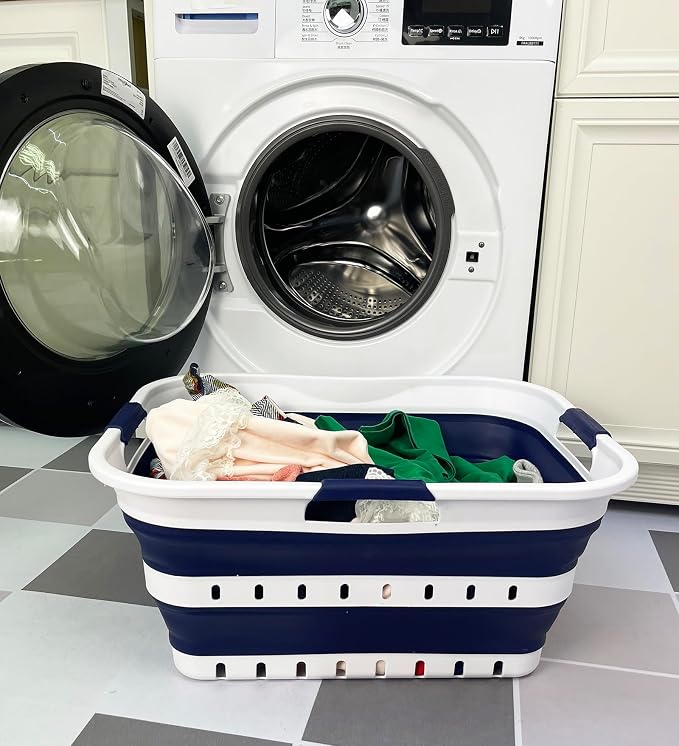 SAMMART 42L (11 gallon) Collapsible Plastic Laundry Basket - Foldable Pop Up Storage Container/Organizer - Space Saving Hamper/Basket (1, White/Starry Blue) - Image 2