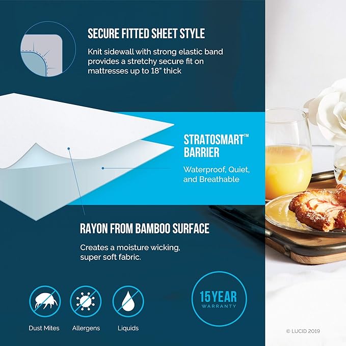 LUCID Premium Rayon from Bamboo Jersey Mattress Protector | Twin Size Waterproof Mattress Protector | Ultra Soft, Fitted Sheet Style, White