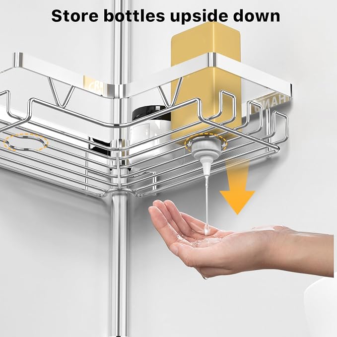 KEGII Corner Shower Caddy Tension Pole - Chrome 4-Tier Adjustable Shower Tension Rod Organizer with Hooks & Soap Holders, 25-114.2 Inch Stainless Steel Shower Storage Rack for Renters & Family - Image 5