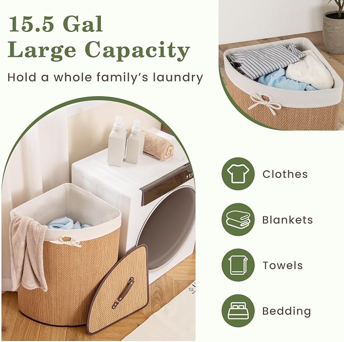 GOFLAME Corner Bamboo Laundry Hamper with Lid and Removable Liner, Washing Clothes Basket Storage Bin with Handle, Suitable for Bedroom, Bathroom, Laundry, Bamboo - Image 3