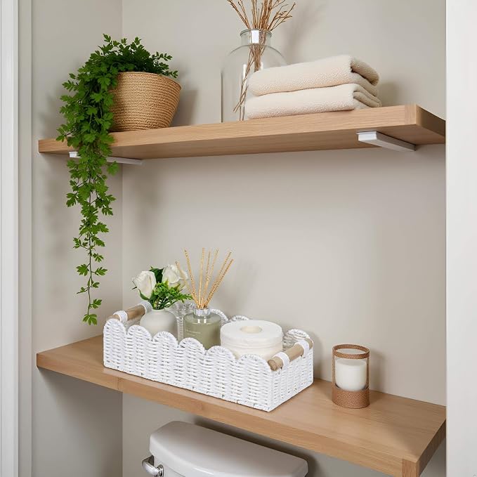 CubesLand Scalloped Edge Toilet Paper Storage Basket, Living Room Home Cozy Decor Basket, Paper Rope Small Baskets for Over Toilet Storage Shelf, End Table, Shelves, with 2 Wooden Handles, White - Image 3