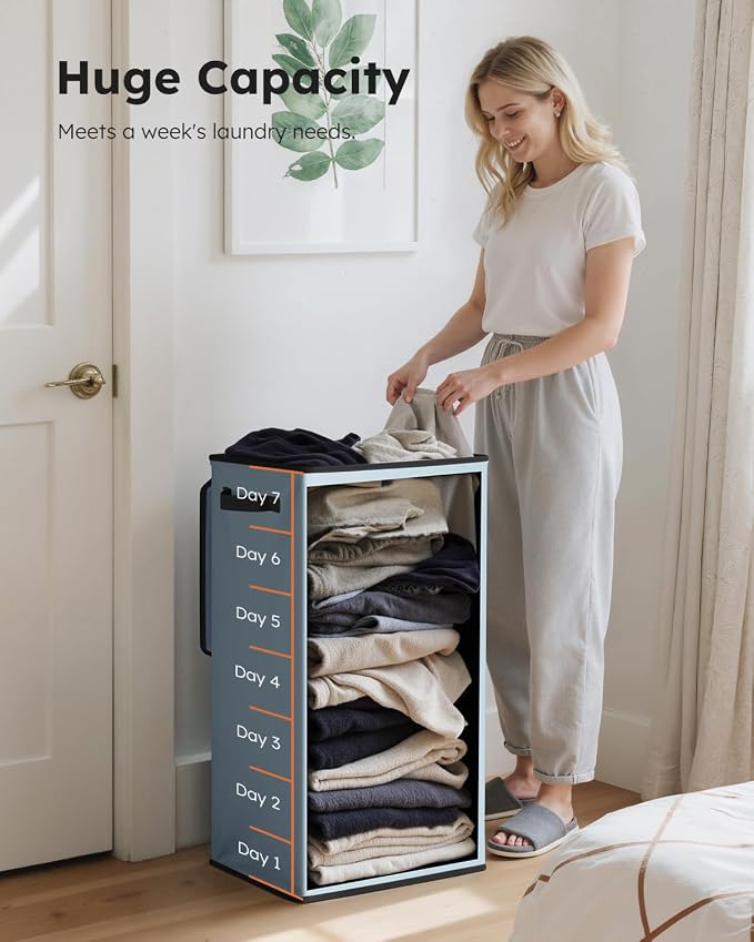 SOLEDI Laundry Hamper with Lid 100L Large & Tall Collapsible Laundry Basket, Clothes Hamper with Bag Removable Easy to Carry, Dirty Hampers for Bedroom, Bathroom, Dorm, College, Blue Grey - Image 3