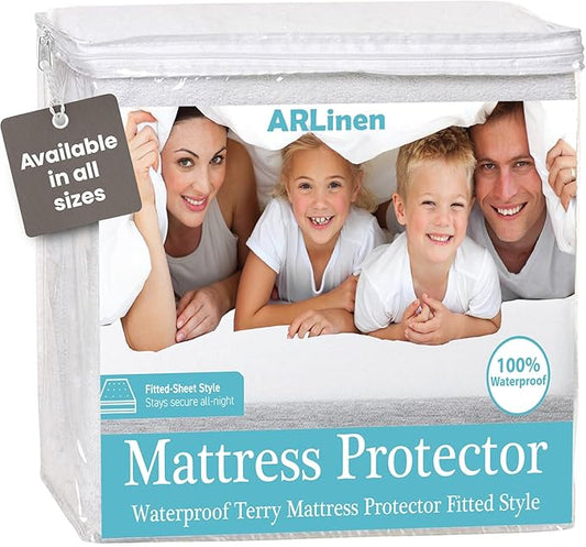ARlinen 1 PC Full Mattress Protector Fitted Style, Terry Cotton, Waterproof, Breathable, Noiseless Mattress Cover Fits Upto 15'' Deep Pocket, White