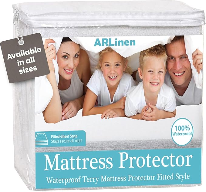 ARlinen 1 PC California King Mattress Protector Fitted Style, Terry Cotton, Waterproof, Breathable, Noiseless Mattress Cover Fits Upto 15'' Deep Pocket, White
