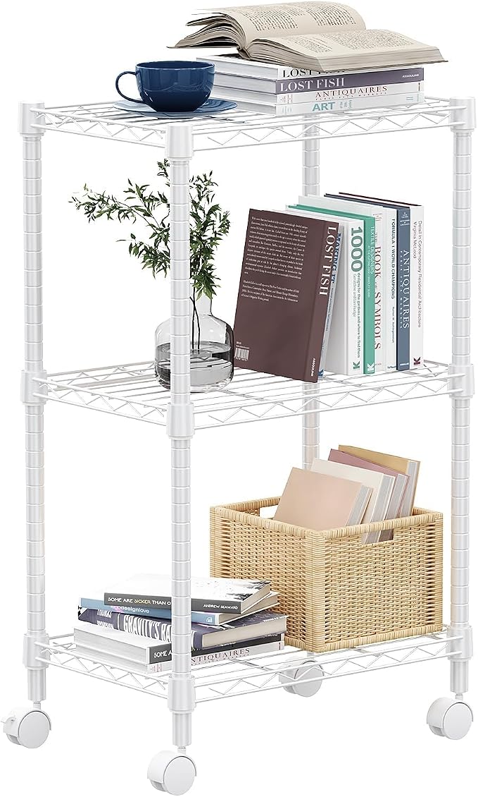 M MZG 3 Tier Shelf Metal Storage Shelves Wire Rack Closet Organizers with Wheel for Garage Kitchen Bathroom Laundry White 11.8" D x 17.7" W x 29.8" H by MEIGAOPLASTICANDMETALHKCOLIMITED