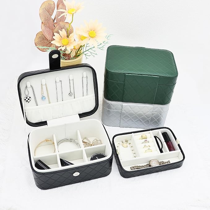 Jewelry Travel Case, 2-Layer Jewelry Box Organizer Medium Jewelry Travel Box, Portable Faux Leather Jewellery Storage Boxes with Argyle for Women, Daily Jewellery Case Home Use (Pure black) - Image 7