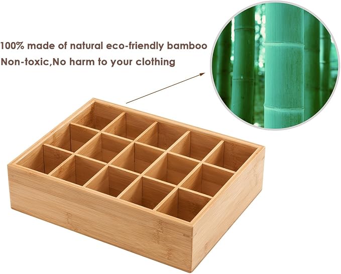 GOBAM Bamboo Closet Drawer Divider - Storage Organizer with 15 Compartments, Drawer Organizer, Storage Box for Belts, Ties, Bras, Briefs, Socks & Jewelry - Natural - Image 8