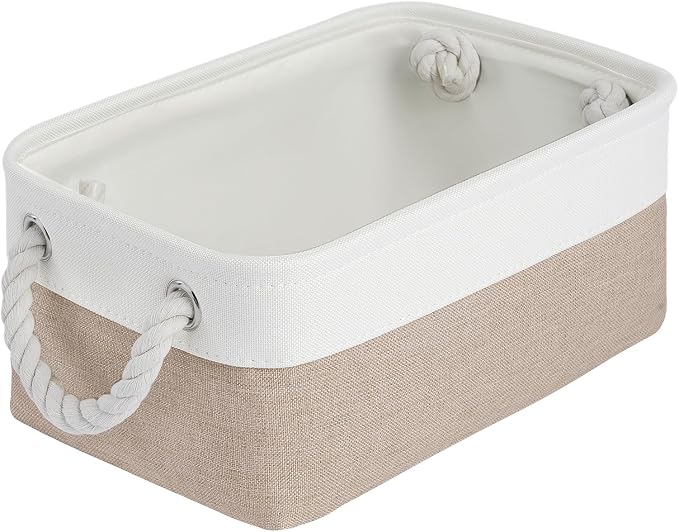 Storage Baskets for Shelves 11.8x7.9x5.2 Inch, Foldable Fabric Storage Bins with Handles, Small Storage Baskets for Organizing Closet, Office, Home Organization (1-Pack, White&Khaki) by VQRTEXAStorageBasket