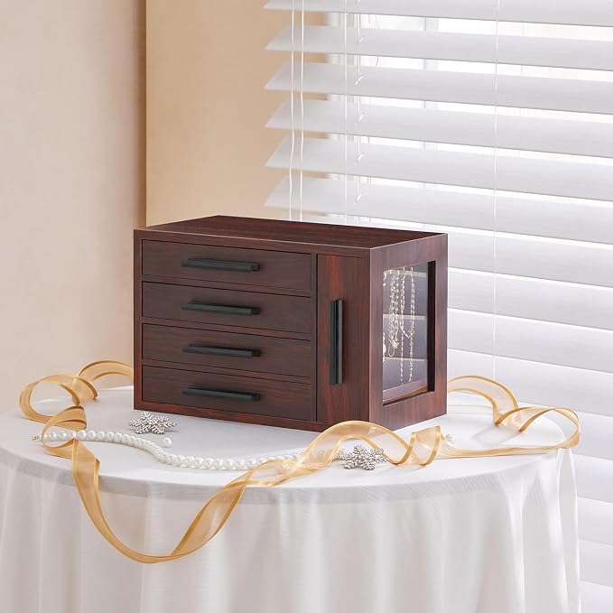 HOOBRO Jewelry Box for Women, Wooden Jewelry Organizer with Transparent Window, 4-Layer Jewelry Organizer Box, Jewelry Holder Organizer for Earrings, Necklaces, Rings, Dark Walnut and Black BRT09JB04 - Image 5