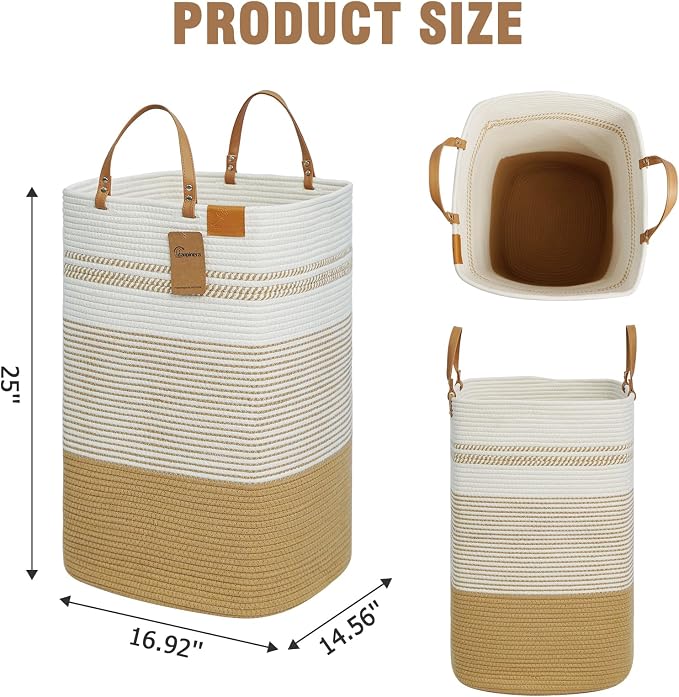 danpinera 100L Nursery Hamper, Tall Woven Laundry Basket with Long Leather Handles, Boho Laundry Hamper for Living Room & Bedroom, Eco-friendly & Convenient Decorative Storage Basket White & Jute - Image 8
