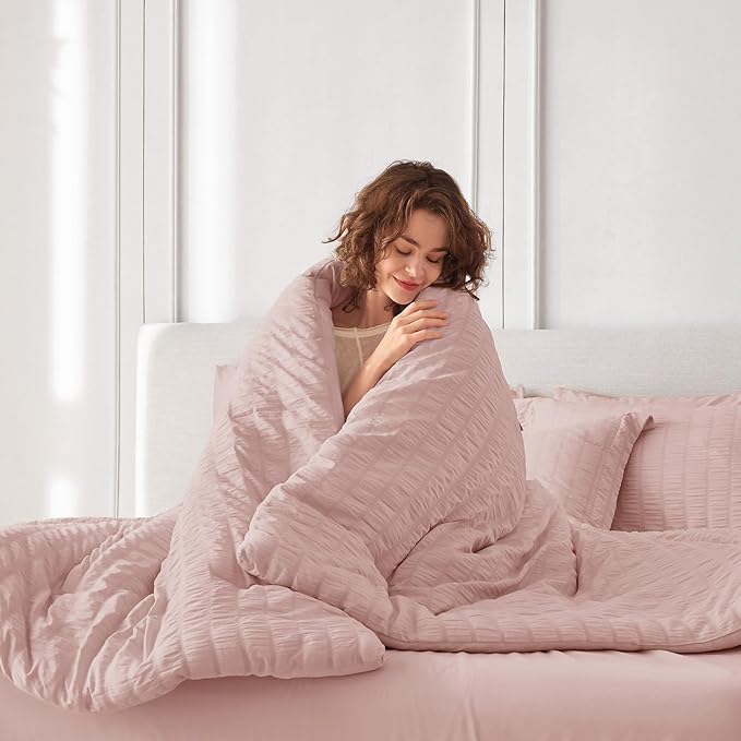 MUXHOMO 5 Pieces Twin XL Comforter Set, Seersucker Bed in a Bag Twin XL Size, All Season Luxury Bedding Set with Comforter, Flat Sheet, Fitted Sheet, Pillowcase & Sham, Rose Gold