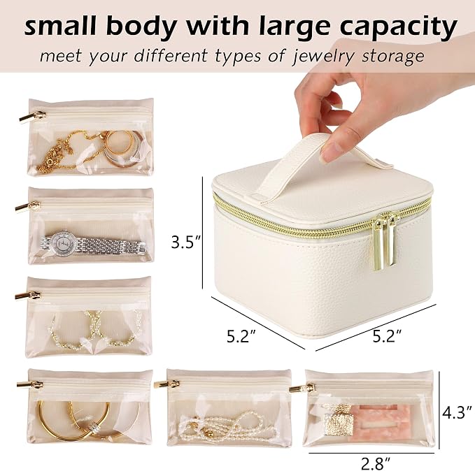 HofferRuffer Jewelry Box Organizer for Women Girls, Travel Jewelry Case with 6 Portable Zipper Bags, Jewelry Storage Ideal for Travel & Home Organization (6pcs-CreamWhite Faux Leather) - Image 2