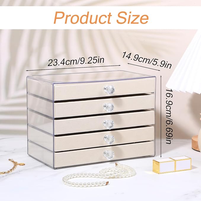 5-Drawer Necklace Organizer Box with Clear Acrylic & Velvet Lining, Beige Necklace Storage Box for Chains, Pendants, Stackable Dustproof Jewelry Holder(9.25 x 5.9 x 6.69 in) - Image 2