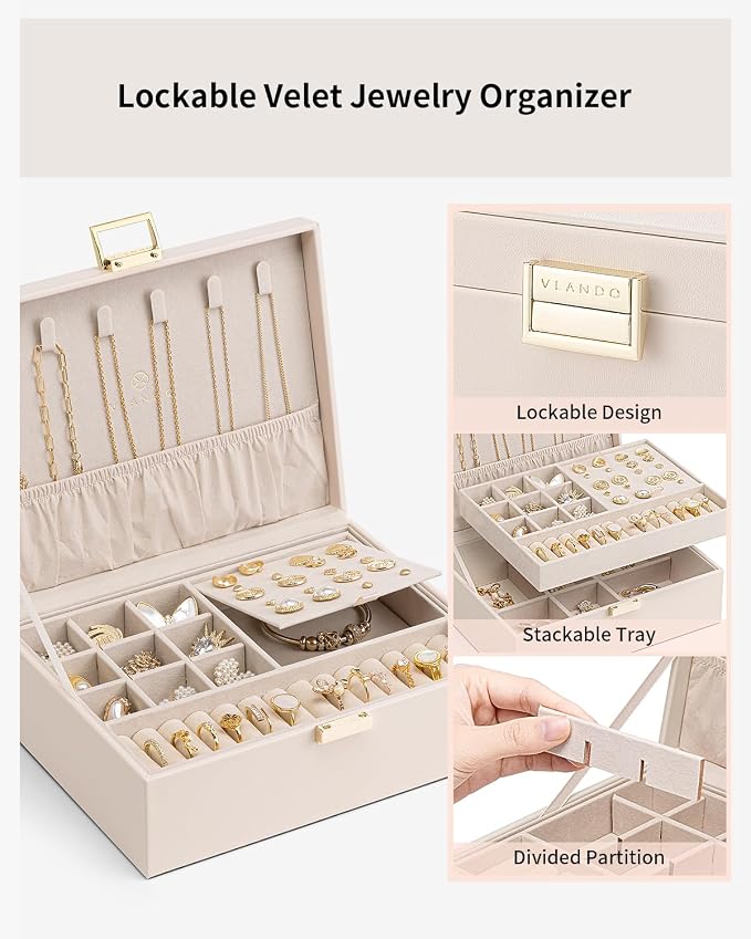 VLANDO 2 Layer Jewelry Box Large Jewelry Organizer for Women Removable Jewelery Tray for Necklace Earrings Rings Bracelets Mothers Gifts for Mom Wife (Light Pink) - Image 4