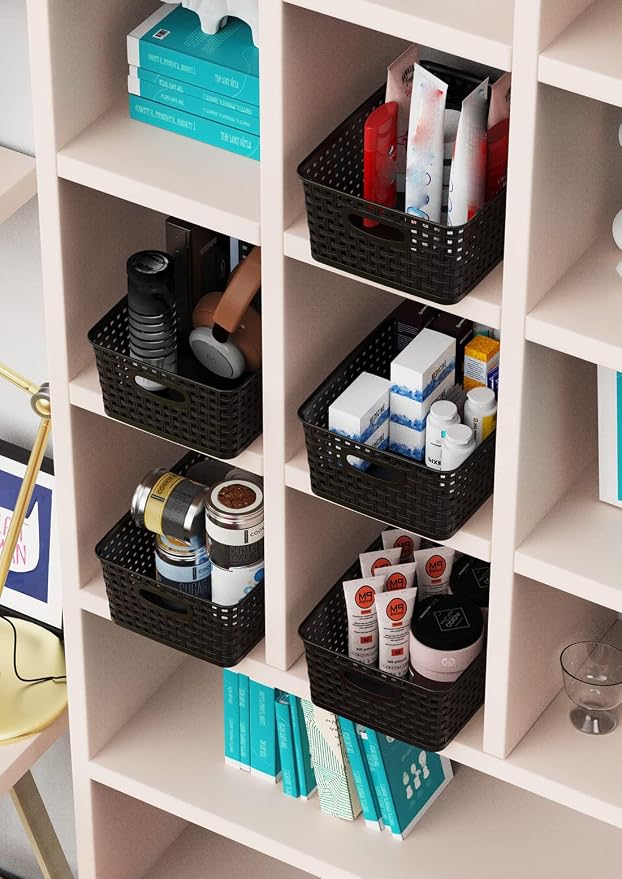 WYT Woven Storage Organizer Basket, 6-Pack Black Plastic Weave Baskets, 10.1 x 7.55 x 4.1 - Image 7