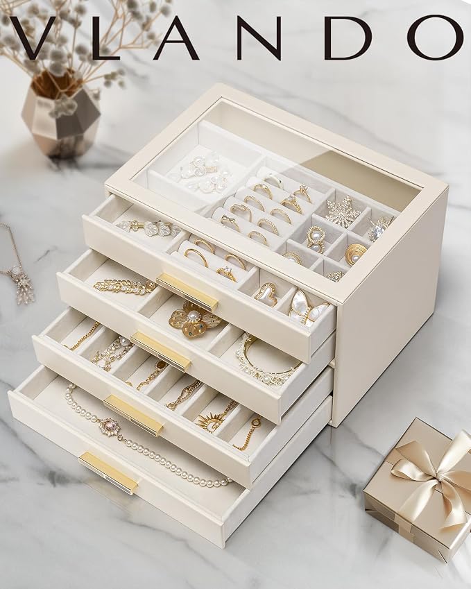 VLANDO 4 Layer Jewelry Box for Women, Glass Lid Jewelry Organizer with 4 Drawers for Necklaces Rings Earrings Bracelets - Cloud White - Image 5