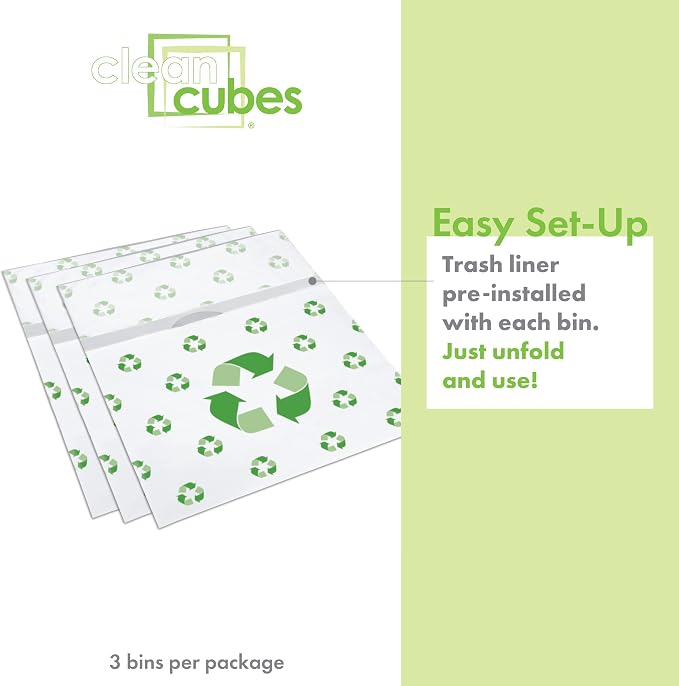 Clean Cubes 13 Gallon Disposable Pop-Up Trash Cans (3-Pack) with Fitted Bags – Foldable Garbage & Recycling Bins for Parties, Events & Kitchen (Recycle, 17" H x 13.5" W x 10" D) - Image 3