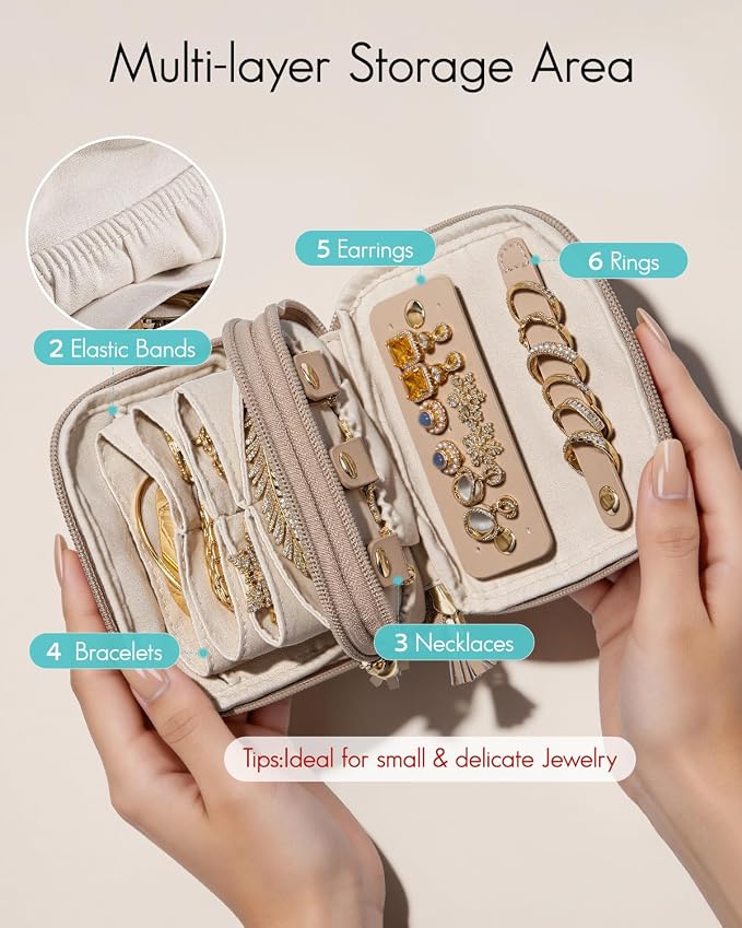 VLANDO Travel Jewelry Case,2-Layer Jewelry Organizer for Travel,Mothers Day Mom Gifts Teacher Gift,Multi-Compartment Jewelry Storage for Rings Earrings Necklaces Bracelets-Toffee - Image 3