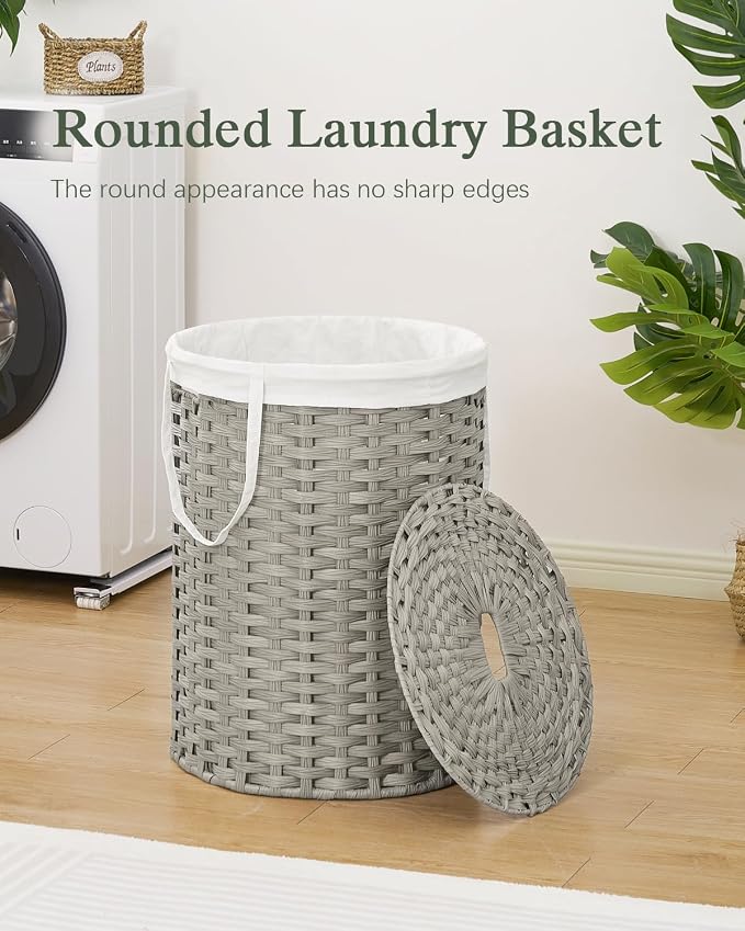 SETVSON Laundry Basket with Lid Round Rattan Laundry Hamper with Lid and Handles 29.1 Gal (110 L) Handwoven Woven Basket with Removable Bags and 2 Mesh Bags for Bathroom Living Room Gray - Image 2