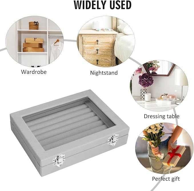 Vicoter Rings Organizer Tray 7 Slots Velvet Jewelry Earring Storage Box with Transparent lid Jewelry Display Case for Girls Wife Mom Women (Grey) - Image 6