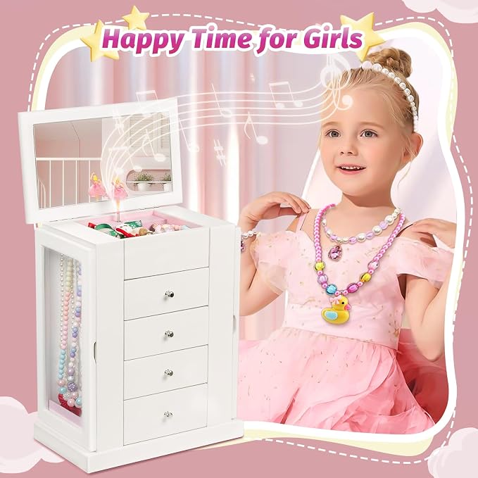 Emfogo Jewelry Box for Girls, Musical Jewelry Box with Spinning Dancer Gifts for Little Girls Christmas New Year Birthday Children's Day, 5 Layer Large Wooden Kids Music Jewelry Organizer Box(White) - Image 2