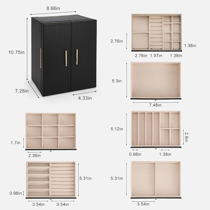 Dajasan Large Jewelry Organizer Box with 5 Drawers, Jewelry Box for Women, 6-Tier Jewelry Storage Organizer with Mirror for Necklace Ring Bracelet Watch, Gift Idea (Black) - Image 3